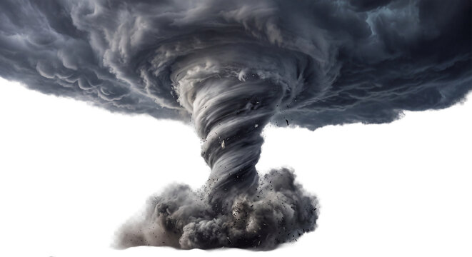 Dramatic swirling tornado with debris against a black background
