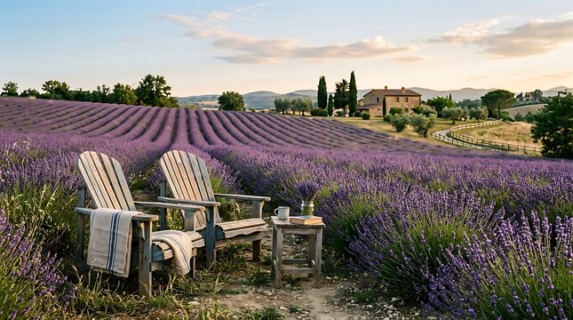 Two wooden chairs placed in a beautiful blooming lavender field in Tuscany with a stone house during golden hour