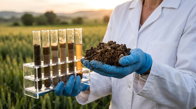 Scientist in lab coat holding fertile soil and test tubes in a green wheat field at sunset for agricultural innovation and environmental sustainability research.