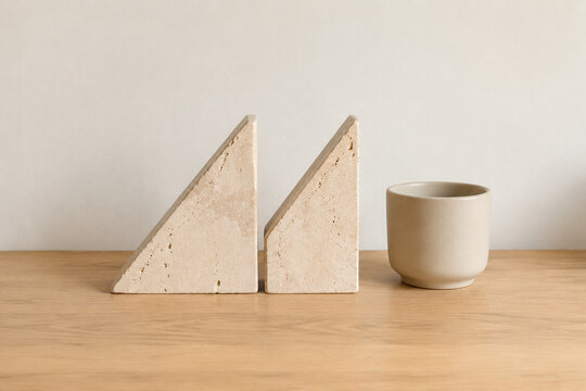 Two identical triangular bookends in row on oak desk with ceramic cup, minimalist desk organization concept