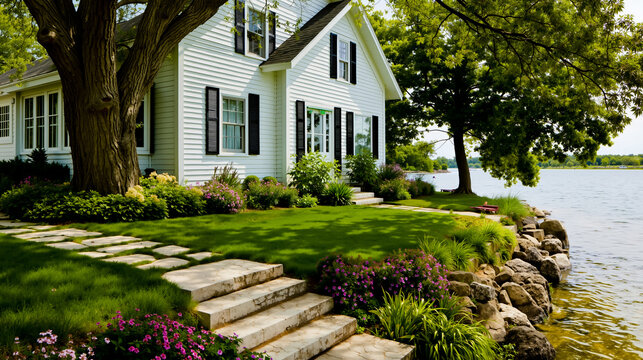 A picturesque view of a white house with a porch surrounded by a lush garden and a serene lake