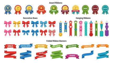 Fototapeta premium Flat vector ribbon collection featuring diverse award badges decorative bows hanging labels and folded banner design elements
