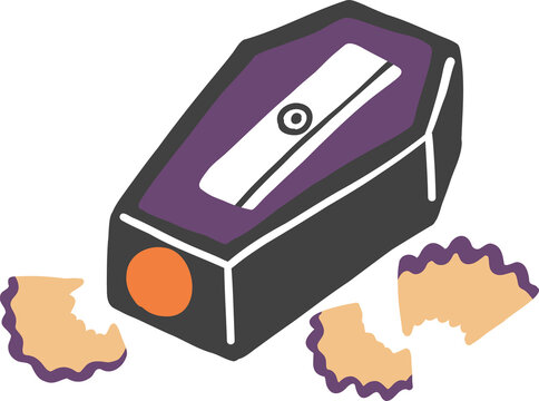 Cute Halloween pencil sharpener clipart, doodle coffin shaped sharpener with pencil shavings isolated on white background.