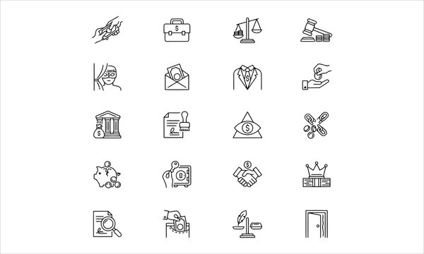 Set outline icons related to corruption. Linear icon collection. Editable stroke. Vector illustration