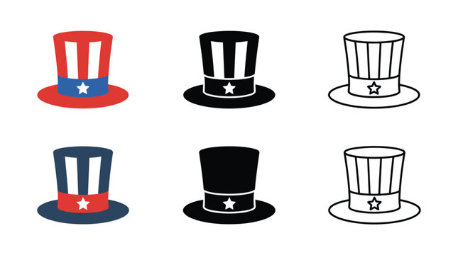 Set of uncle sam hats in colorful flat style and black silhouette icons for american holidays