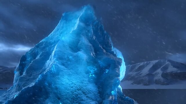 Glowing Blue Crystal Mountain Formation Slowly Rotating in a Snowy Landscape. Animated 4k Footage of a Magical Winter Scene.