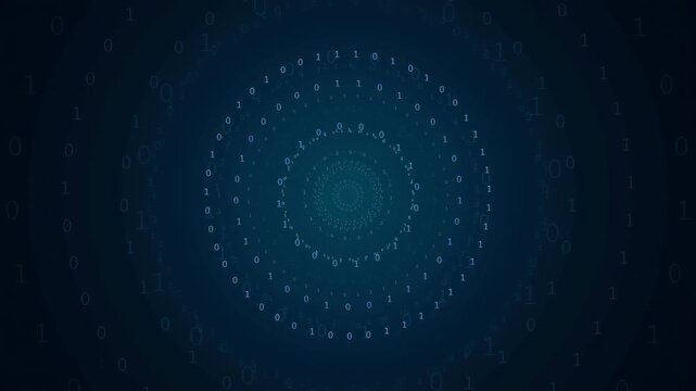 Abstract digital background with rotating binary code circles and glowing data particles in deep blue