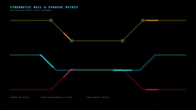 Futuristic Cybernetic Rail Network Interface with Glowing Synapse Data Flow Animation Loop