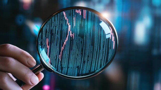 Hand Holding Magnifying Glass Over Digital Code and Stock Market Graph