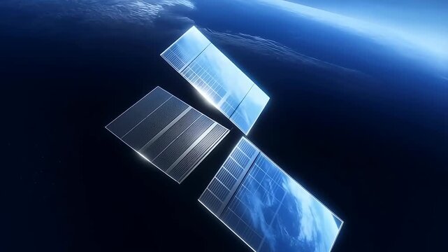 Giant Renewable Energy Satellite Orbiting Earth, Transitioning Through a Blue Atmosphere with a Bright Sun. and Solar Panel