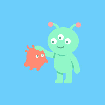 Cute Green Alien Holding Small Orange Monster Friendly Space Creatures Cartoon