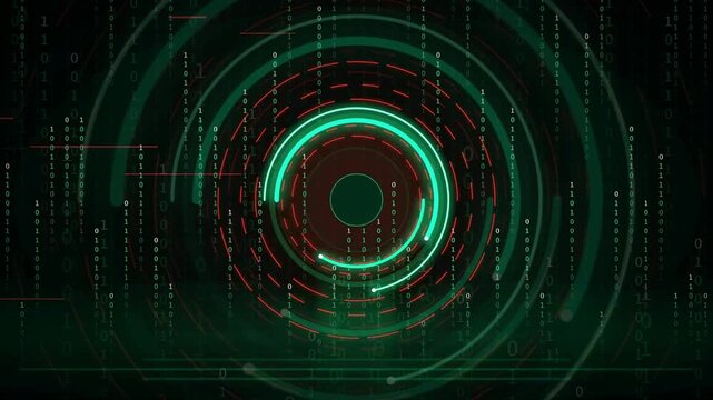 Abstract Digital HUD Interface with Glowing Green Circular Elements and Binary Code Data Stream