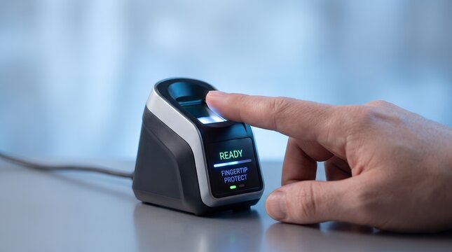 Human finger scanning on biometric fingerprint reader device with ready indicator for secure identity verification technology