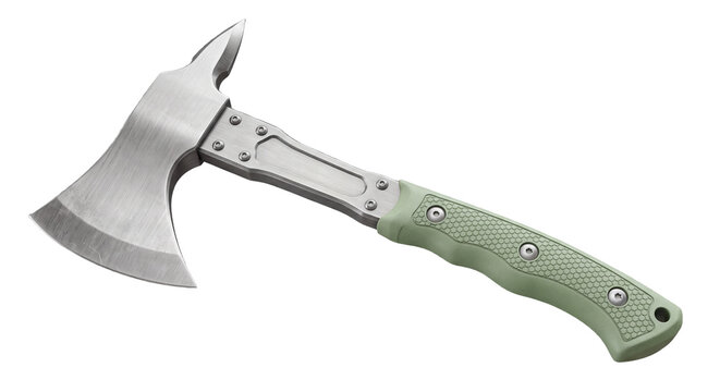 Tactical hatchet with metallic blade and textured green handle is displayed