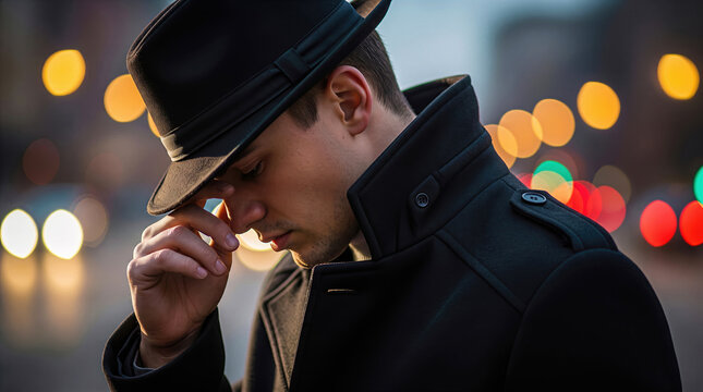 Mysterious Caucasian man wearing black fedora hat and coat looking down on city street at night. Concept of detective film noir, urban mystery, thoughtful sadness, and winter fashion.