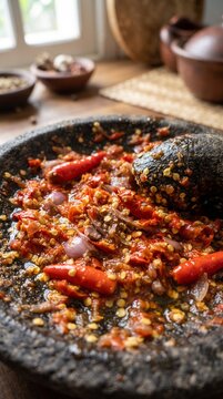 Authentic Indonesian Sambal Chili Paste in Traditional Stone Mortar