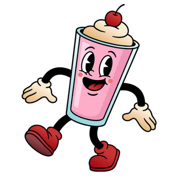 Happy Retro Pink Milkshake Cartoon Character With Whipped Cream, Cherry And Walking Pose
