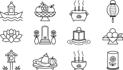 Fototapeta premium Japanese Obon Festival Ritual Elements Line Art Icons Collection