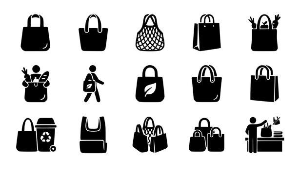 Eco friendly shopping tote bags and grocery packaging vector silhouette icon set featuring canvas bags mesh string bags paper bags leaf logo person walking and cashier checkout.