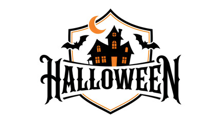 Obraz premium Halloween holiday emblem featuring a haunted house silhouette with bats and a crescent moon on shield