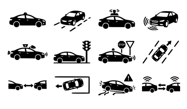Autonomous smart self driving car technology silhouette vector icon set featuring radar sensors traffic navigation lane assist parallel parking and accident collision prevention.