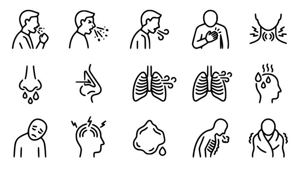 Flu and respiratory illness line icon set featuring coughing sneezing lung pain headache fever sore throat runny nose fatigue and breathing difficulty medical symptoms.