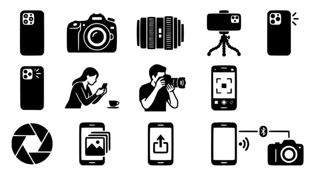 Photography and mobile filmmaking vector icon set featuring smartphone cameras dslr lens tripod photographer shutter aperture wireless photo transfer and content creation symbols.