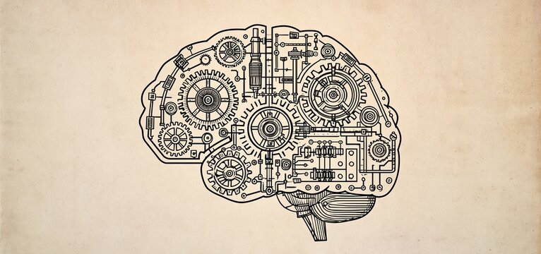 In a vintage industrial setting, a detailed steampunk mechanical brain showcases interconnected gears and circuits symbolizing intelligence.