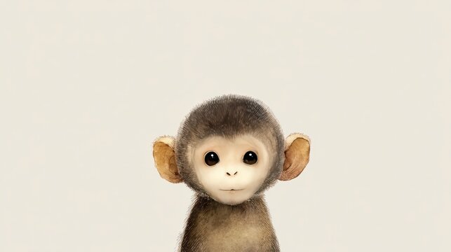 Cute minimal pastel monkey, round head, tiny ears, soft brown tones, white background