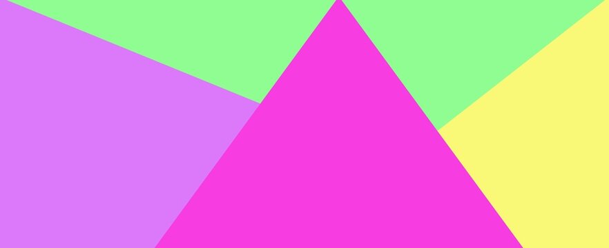 Abstract geometric composition of four solid shapes a large vibrant pink upwards pointing triangle centered among lavender purple, light green, and bright yellow shapes filling the quadrants.
