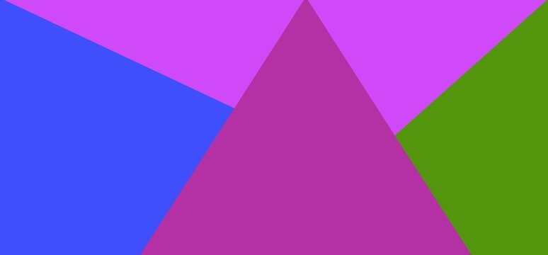 Abstract arrangement of four solid geometric shapes a bright magenta central triangle layered over blue, green, and lighter violet pink triangular shapes.