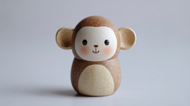 Cute minimal pastel monkey, round head, tiny ears, soft brown tones, white background