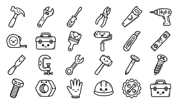 Cute Cartoon Workshop Tools Hand Drawn Doodle Vector Collection
