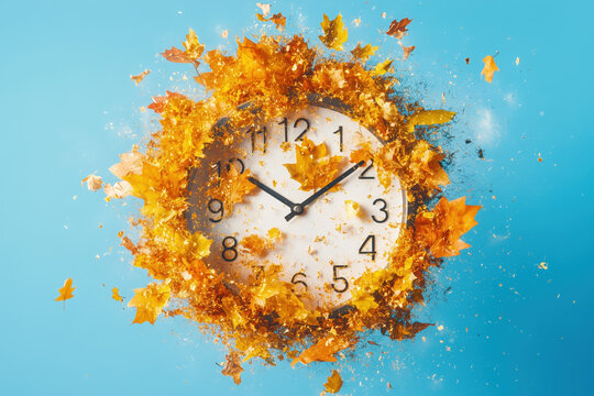 White wall clock surrounded by exploding yellow autumn leaves on a blue background.