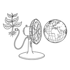 Obraz premium Conceptual line art illustration of an electric fan plugged directly into a growing plant root, blowing air toward planet earth, representing green energy, climate change, and eco-friendly cooling con