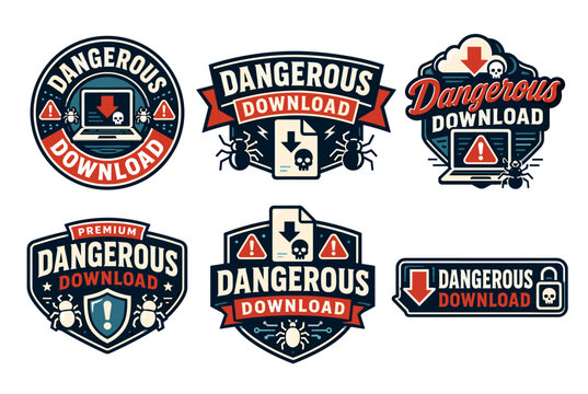 Dangerous download security badges collection illustrating internet risks. Cyber attacks. Viruses. Malware. And data protection concepts with various icons like skulls. Spiders. Laptops