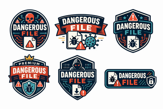 Dangerous file warning badges featuring cyber security risks like malware, viruses, and hacking, illustrating digital threat protection, online safety, and data vulnerability alerts