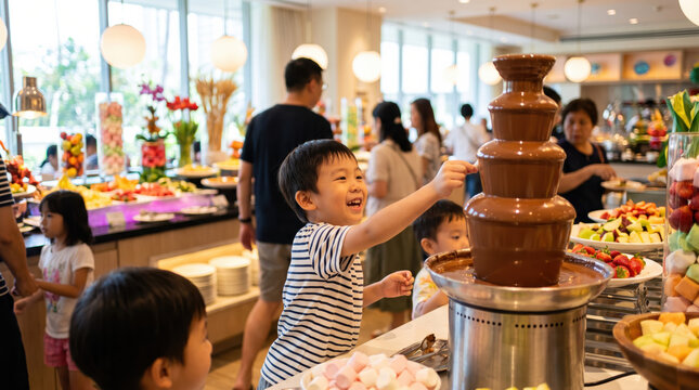 Child reaching for chocolate fondue with joyful expression in bright restaurant buffet while family members enjoy colorful food selections and dessert