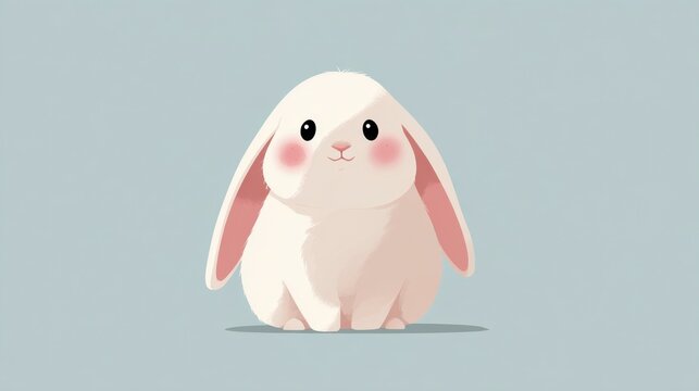 Cute minimal pastel rabbit, long rounded ears, chubby body, soft pink cheeks, white background