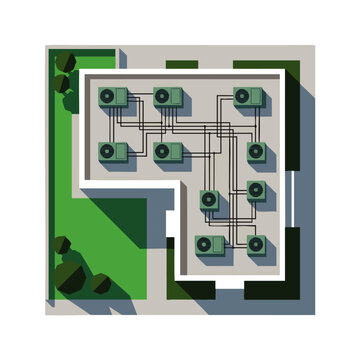 Modern building rooftop with organized HVAC air conditioner units and connecting pipelines, concept for efficient climate control and smart cooling, useful for architectural design and engineering