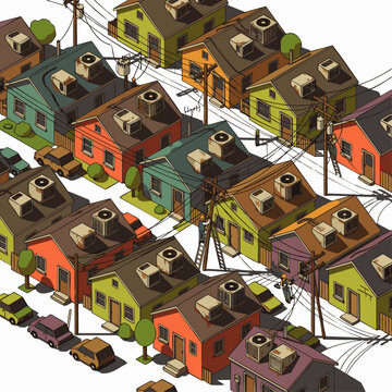 Vibrant isometric neighborhood with cluttered suburban houses, tangled power lines, and rooftop air conditioners, concept for energy consumption and urban infrastructure stress, suitable for