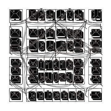 Monochrome graphic map with overhead aerial view of suburban residential houses connected by complex network lines, concept for smart city grid and digital connectivity, suitable for real estate