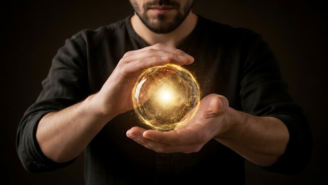 Man holding a glowing magic crystal ball in his hands