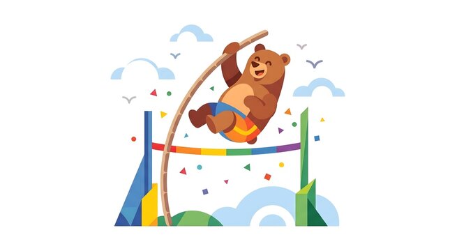 Cute cartoon bear athlete performing a pole vault vector illustration