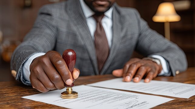 Lawyer stamping document with seal, legal agreement concept