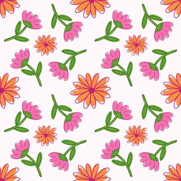 Seamless patern flower cute beautiful orange and pink with two leaf
