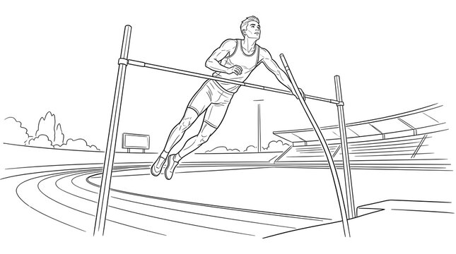 Athletic male pole vault vector illustration in sports stadium