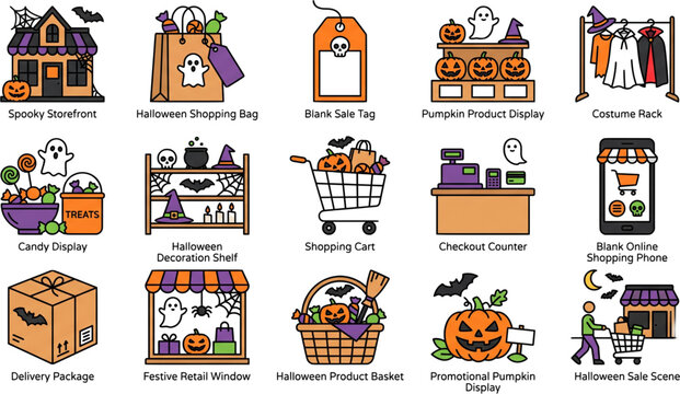 Set of halloween shopping icons including haunted house sale tags pumpkins