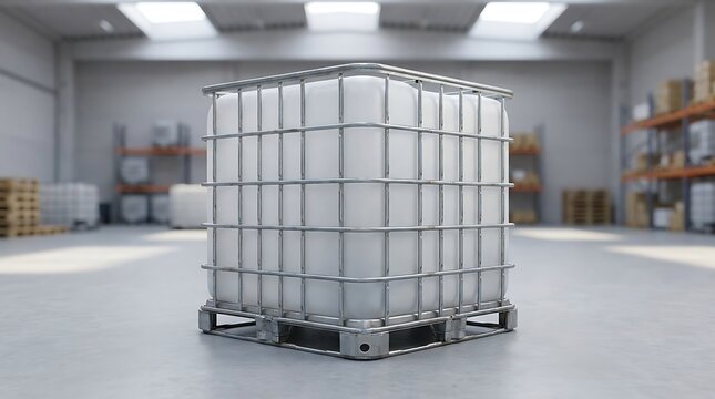 Large plastic liquid container on a wooden pallet inside a clean industrial warehouse storage facility. ibc containe