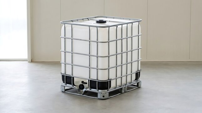 Large plastic water tank container with a metal cage frame for industrial liquid storage on a floor. ibc containe